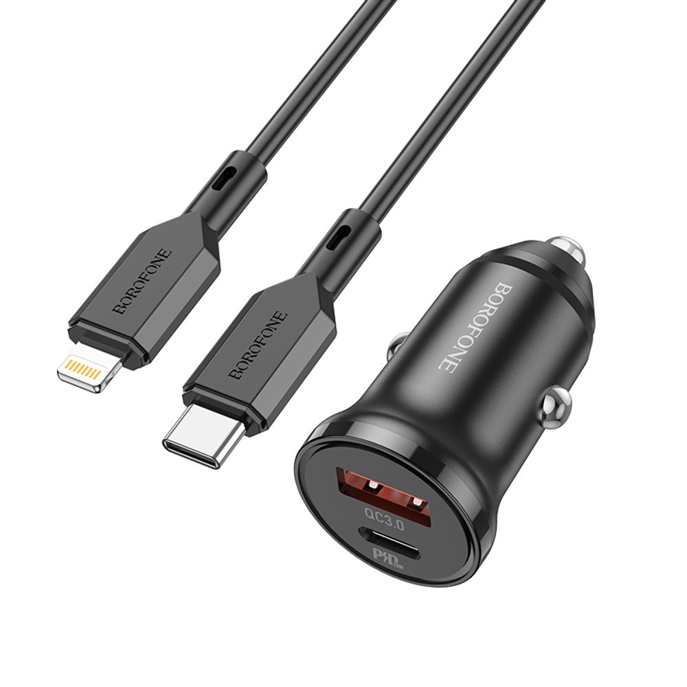 Borofone BZ18A Auto Punjač - USB-C + USB - PD 20W QC 3.0 18W Sa USB-C Kabelom - Lightning, Crni