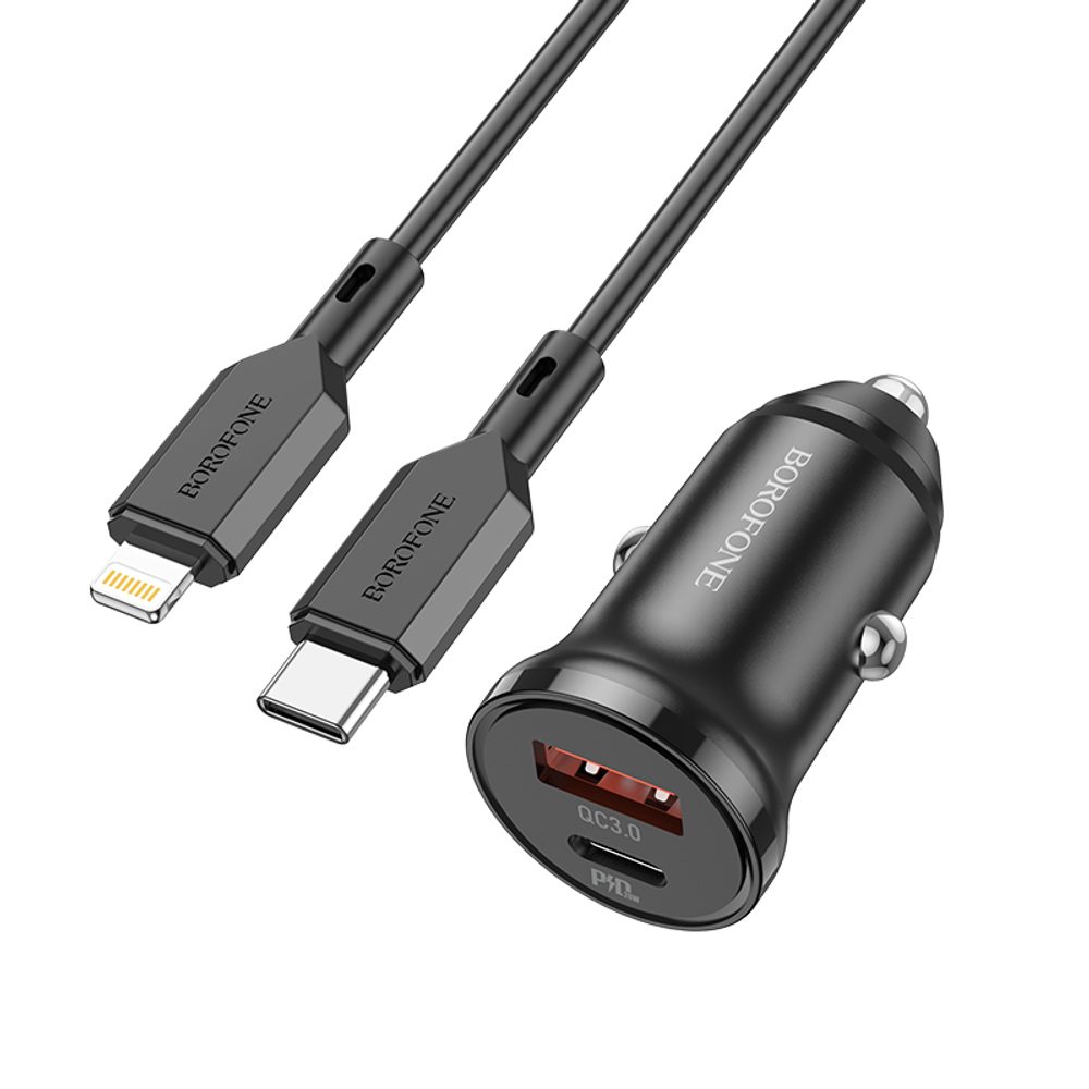 Borofone BZ18A Nabíjačka Do Auta - USB-C + USB - PD 20W QC 3.0 18W S Káblom USB-C - Lightning, čierna