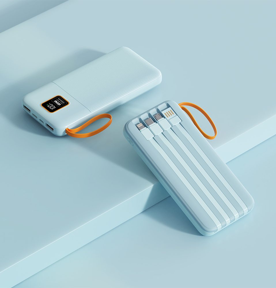 Powerbanka 20000mAh so 4 vstavanými káblami, 2x USB-A, 1x USB-C, PD 22,5 W, QC 3.0, LED displej, modrá