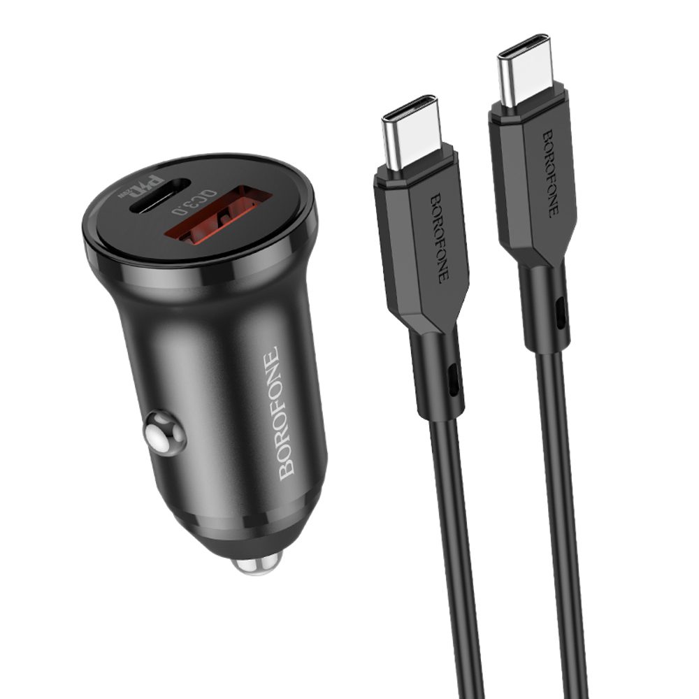 Borofone BZ18A Autós Töltő - USB-C + USB - PD 20W QC 3.0 18W USB-C-USB-C Kábellel, Fekete