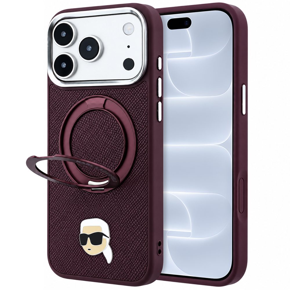 Karl Lagerfeld Leather Ring Stand 360 K Pin MagSafe ochranný kryt pro iPhone 17 Pro / 18 Pro, červená