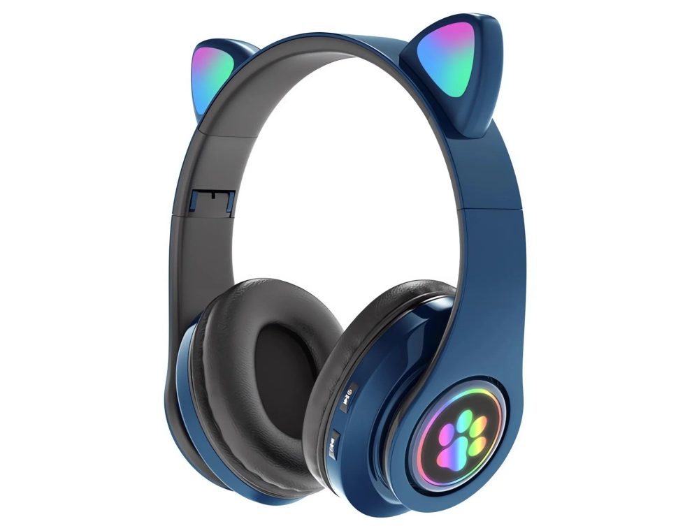 Macska Fülű Bluetooth Fejhallgató Mikrofonnal Gyerekeknek, Sötétkék