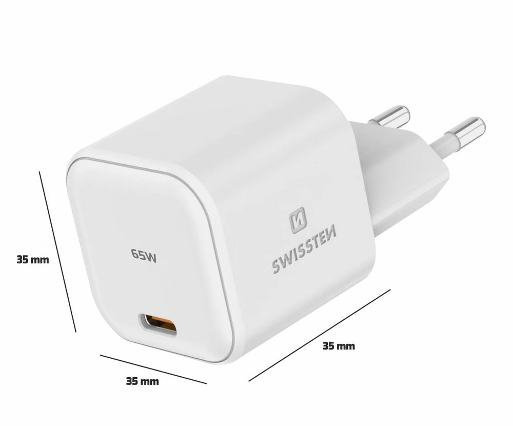 Swissten sieťový adaptér GaN 1x USB-C 65W, Power Delivery, biely