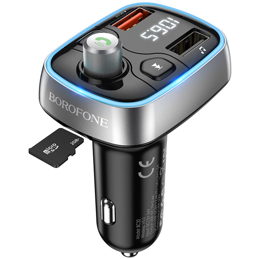 Borofone BC32 Sunlight FM Vysílač MP3, Bluetooth, 2x USB + MicroSD, QC 3.0, 18W, 2,4A, černý