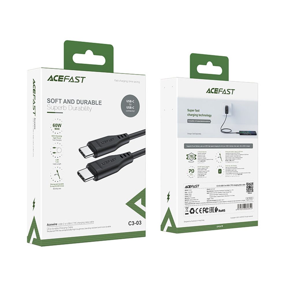 Acefast Kabel USB-C - USB-C 1,2 M, 60 W (20 V / 3 A), Bel (C3-03 Bel)