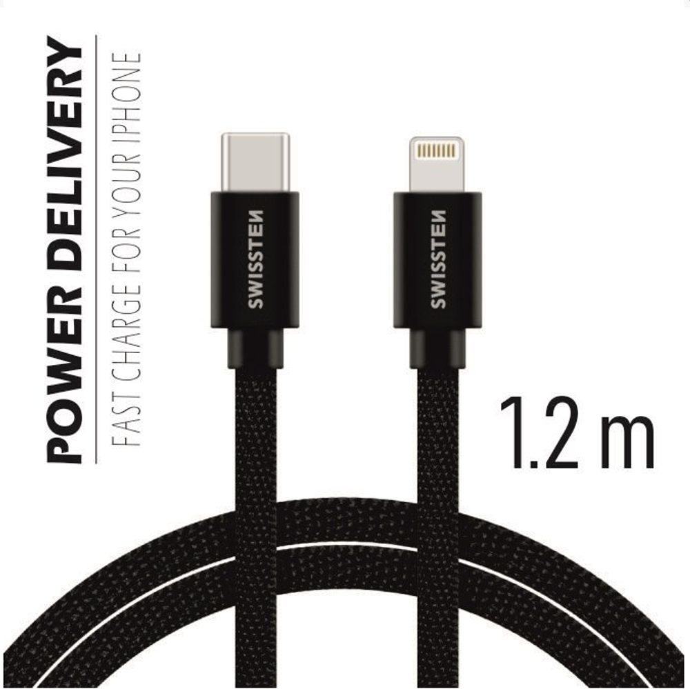 Swissten Adatkábel, Textil, USB-C / Lightning, 1.2m, Fekete