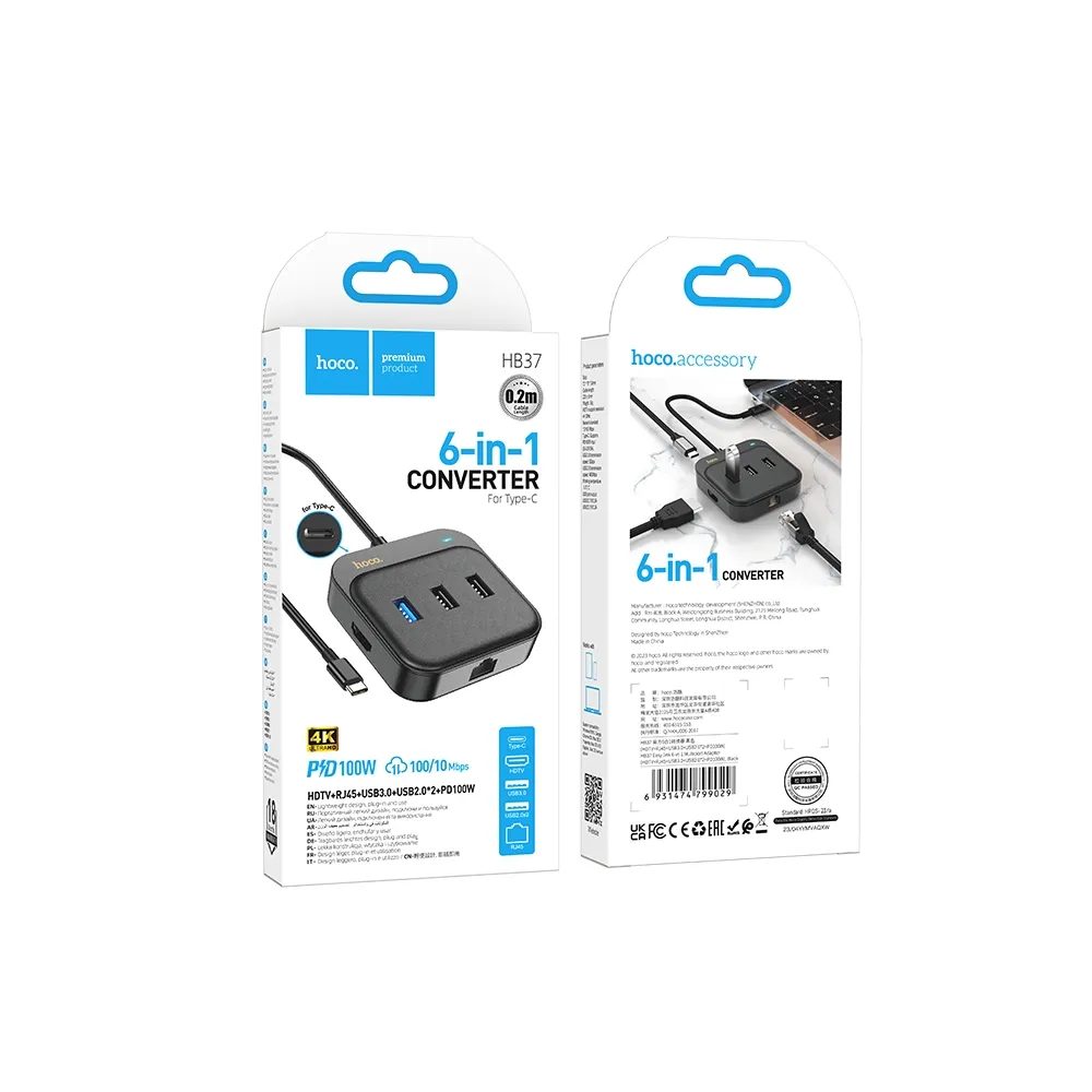 Hoco Adapter HUB 6u1 USB-C Na HDTV + RJ45 + USB3.0 + 2x USB2.0 + USB-C PD100W, 0,2 M, Crni (HB37)