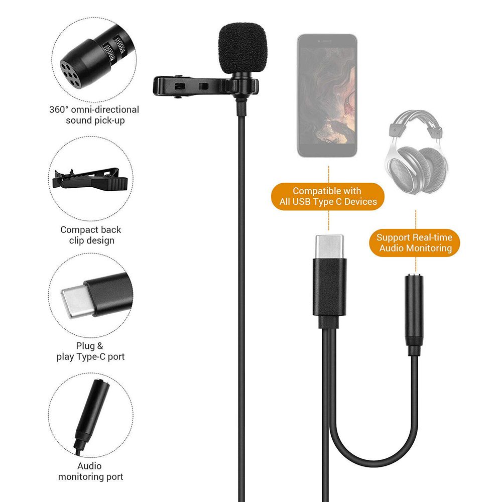 Techsuit žični Klopni Mikrofon WL1, USB-C, ženski Priključek 3,5 Mm, Zmanjševanje šuma, Kovinska Sponka, črna