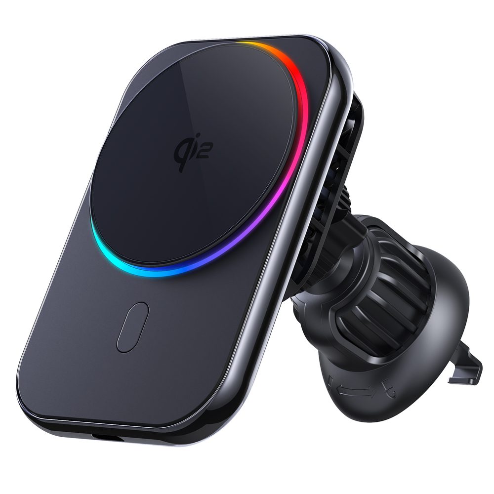 Hűtő MagSafe Qi2 tartó vezeték nélküli töltéssel autó szellőzőrácshoz, RGB választható háttérvilágítással, 15W, négyzet alakú, fekete