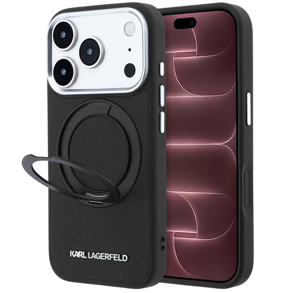 Karl Lagerfeld Ring Stand 360 Saffiano MagSafe zaštitna maska, iPhone 17 Pro Max / 18 Pro Max, crna