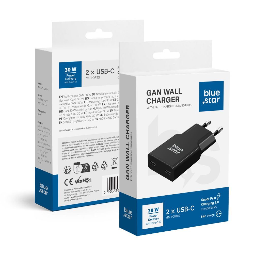 Levně BlueStar Slim adaptér 2x USB-C, GaN, 30W, černý