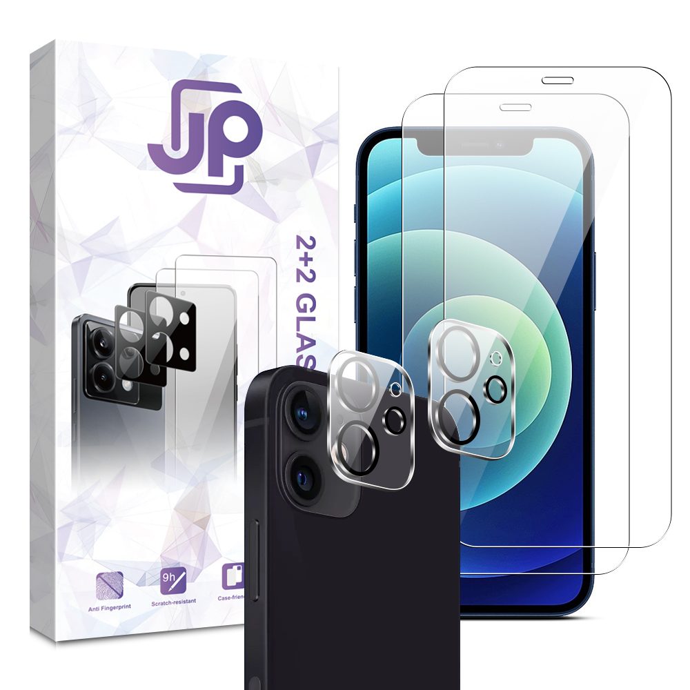 Pachet JP Combo, Set 2 sticle securizate și 2 protecții pentru cameră, iPhone 12