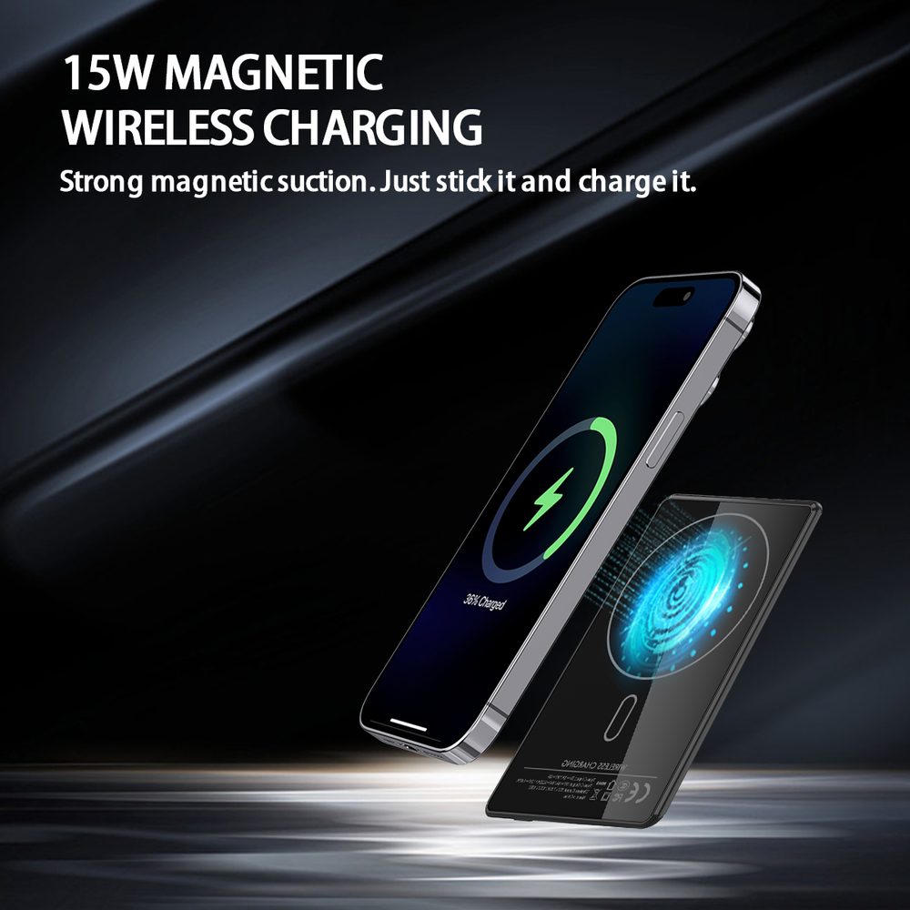 UltraThin MagSafe 15W Bezdrôtová powerbanka 5000 mAh s LED displejom a podporou nabíjania Apple Watch, čierna