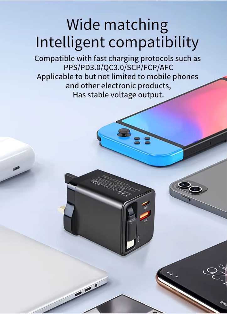 65W GaN nabíjačka s USB-A a USB-C, výsuvným káblom USB-C a rýchlym nabíjaním, QC3.0, PD 3.0, čierna