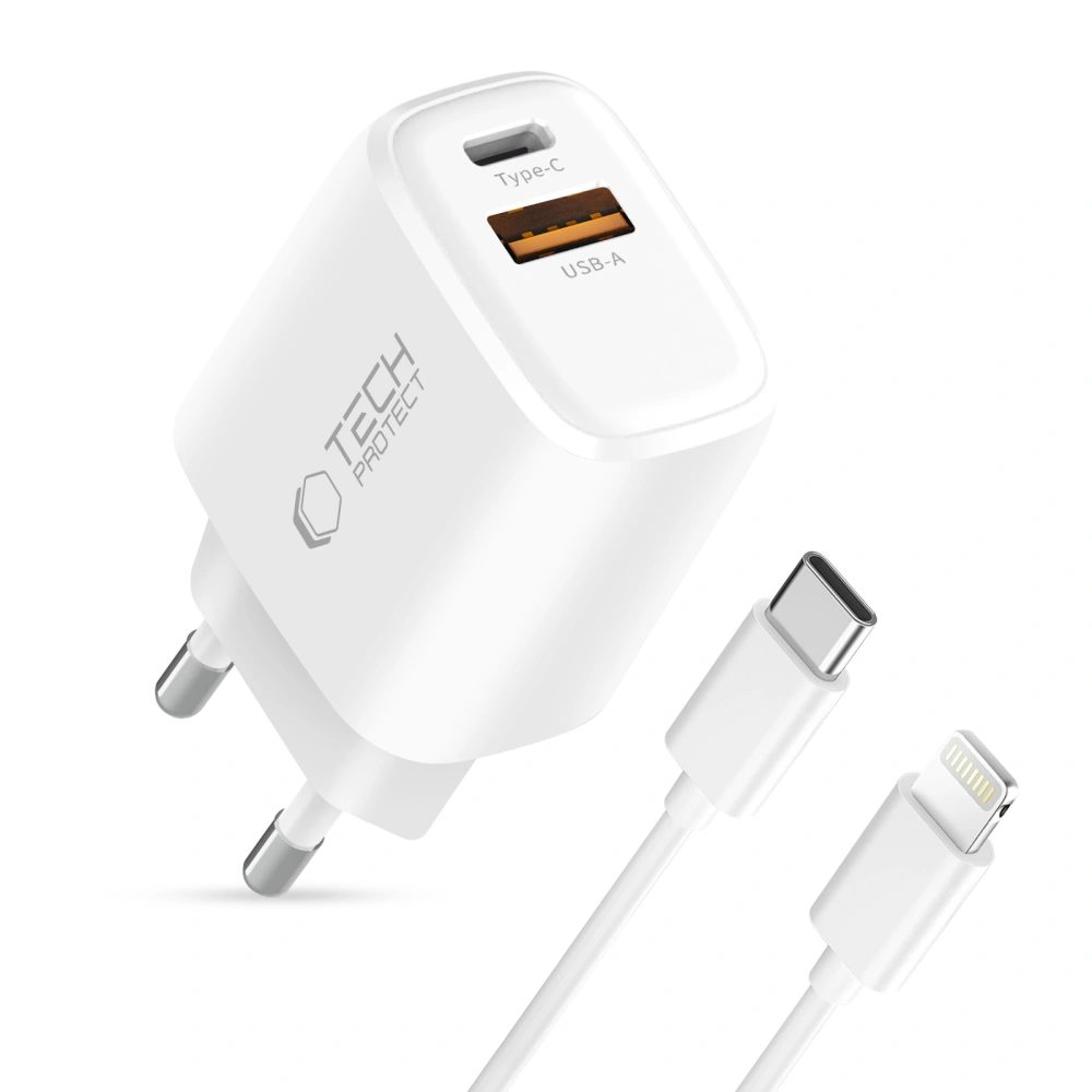 Tech-Protect NCA45W-GAN 2-portová sieťová nabíjačka PD45W / QC 3.0 + kábel lightning, biela