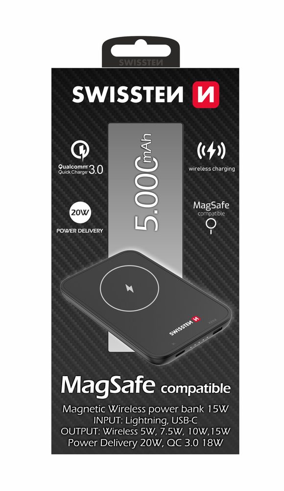 Swissten Prenosna Baterija Za IPhone 12, 12 Pro, 12 Pro MAX, 13, 13 Pro MAX (združljiva Z MagSafe) 5000 MAh