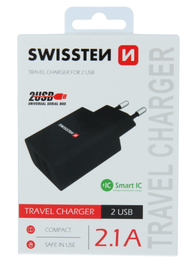 Swissten Hálózati Adapter Smart IC 2x USB, 2.1A Power, Fekete