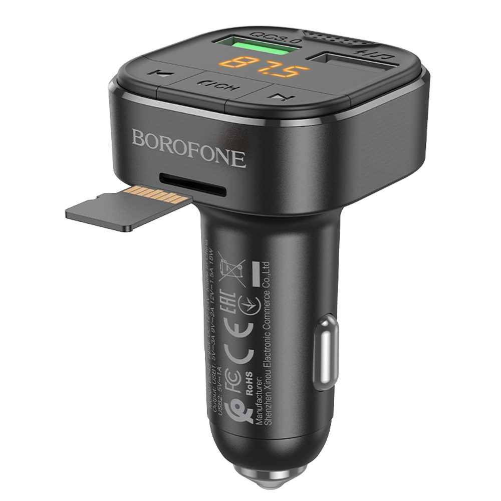 Borofone BC43 FM Oddajnik Flash MP3, Bluetooth, 2x USB + MicroSD, QC 3.0, 18W, črna
