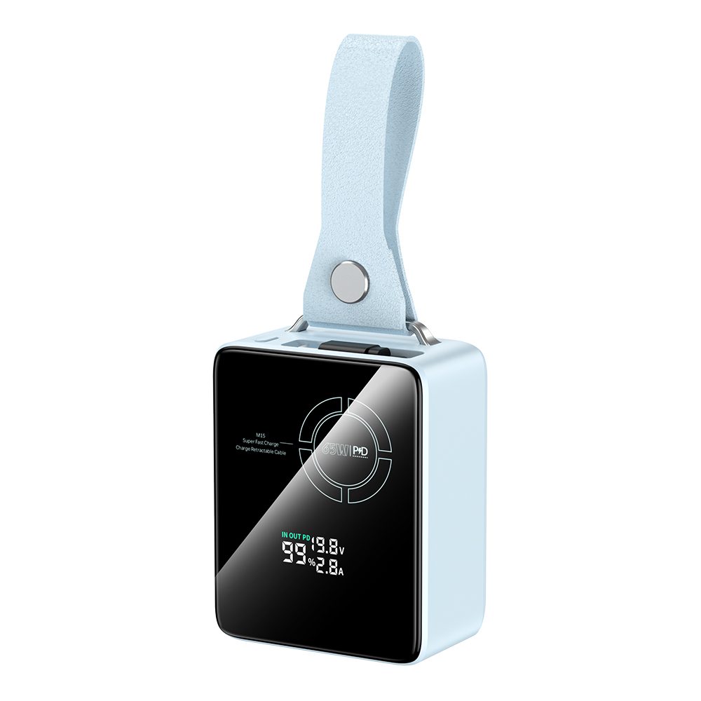 Levně Powerbanka pro notebooky 65W PD s výsuvným USB-C kabelem a digitálním displejem, 20000 mAh, modrá