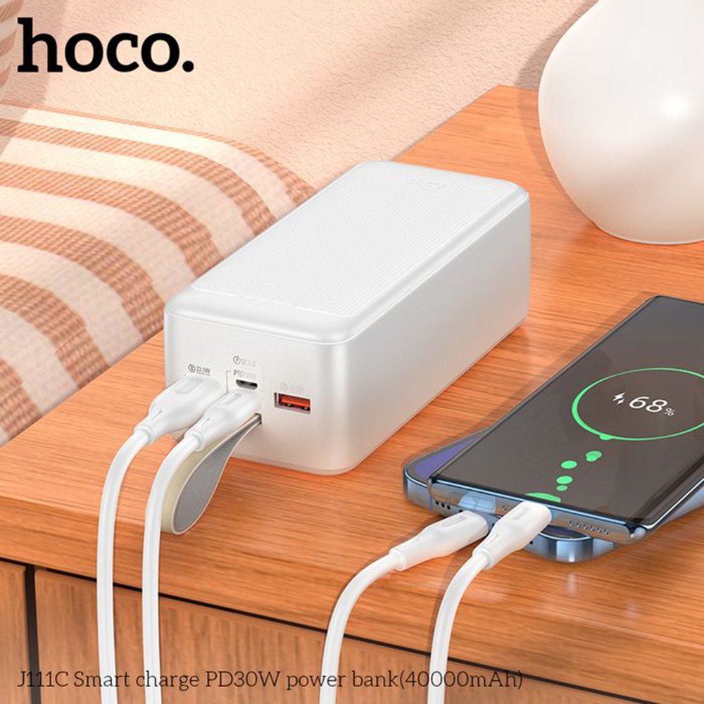 Hoco J111C PowerBank 40000mAh, 2x USB, USB-C, Micro-USB, PD30W, LED-del és Zsinórral, Fekete