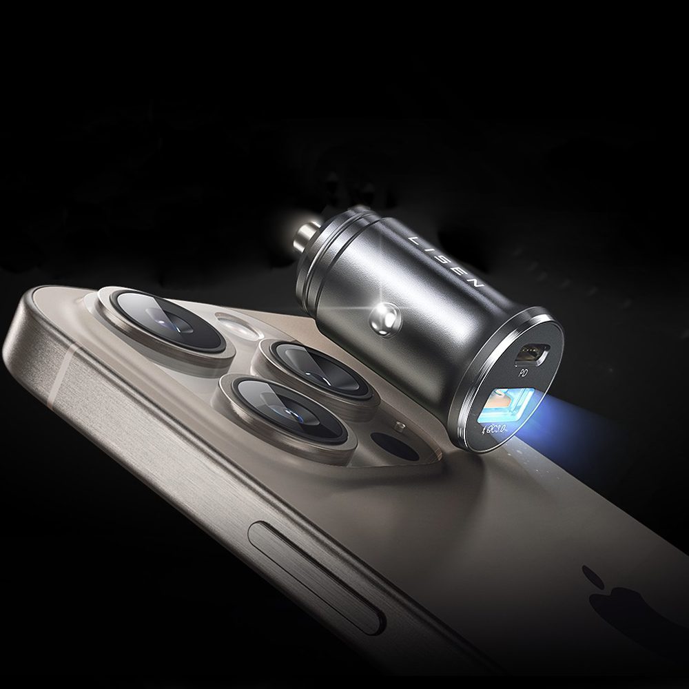 Lisen Autonabíjačka USB-A + USB-C s USB-C káblom, 12V–24V, čierna