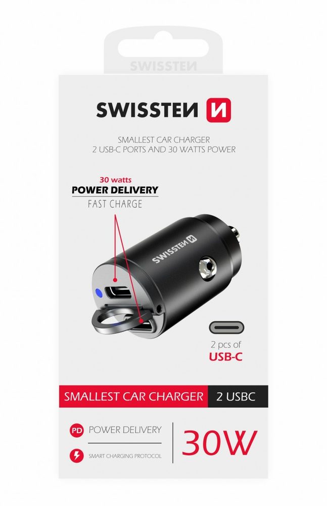 Swissten CL adaptér PD, 2x USB-C, 30W, Nano, černý