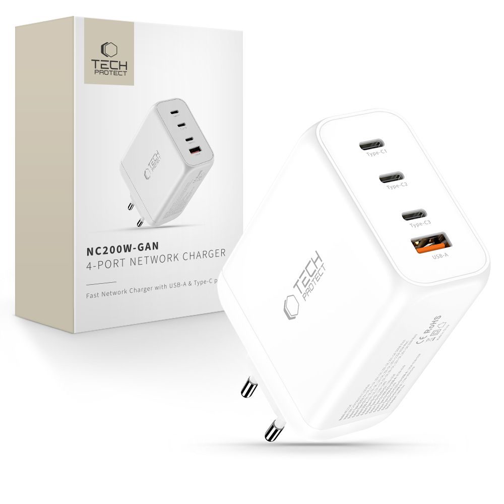 Levně Tech-Protect NC200W-GAN 4-portová nabíječka, PD 200W / QC3.0, bílá