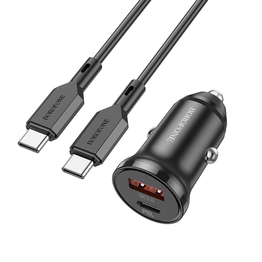 Borofone BZ18A Autós Töltő - USB-C + USB - PD 20W QC 3.0 18W USB-C-USB-C Kábellel, Fekete