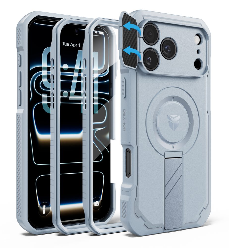 Husă Dexnor MagSafe 360 Kickstand Camprotector iPhone 17 Pro Max / 18 Pro Max, albastru deschis