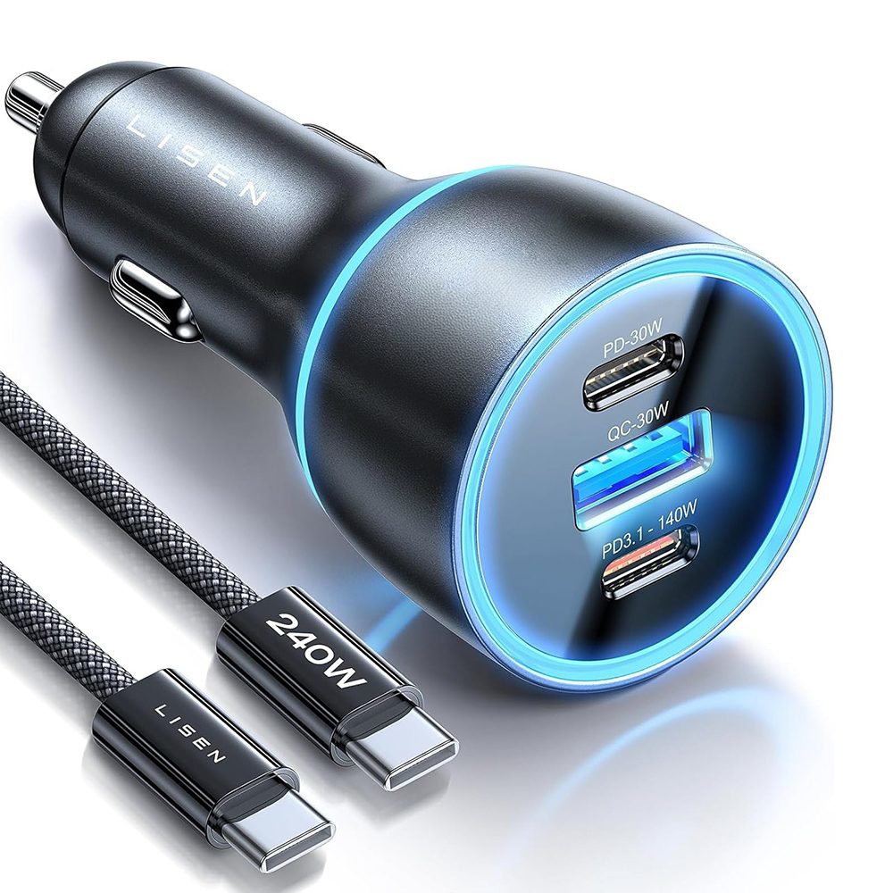 Lisen Autonabíječka USB-A + USB-C s USB-C kabelem, 170 W, GaN, 12V/24V, 1 m, černá