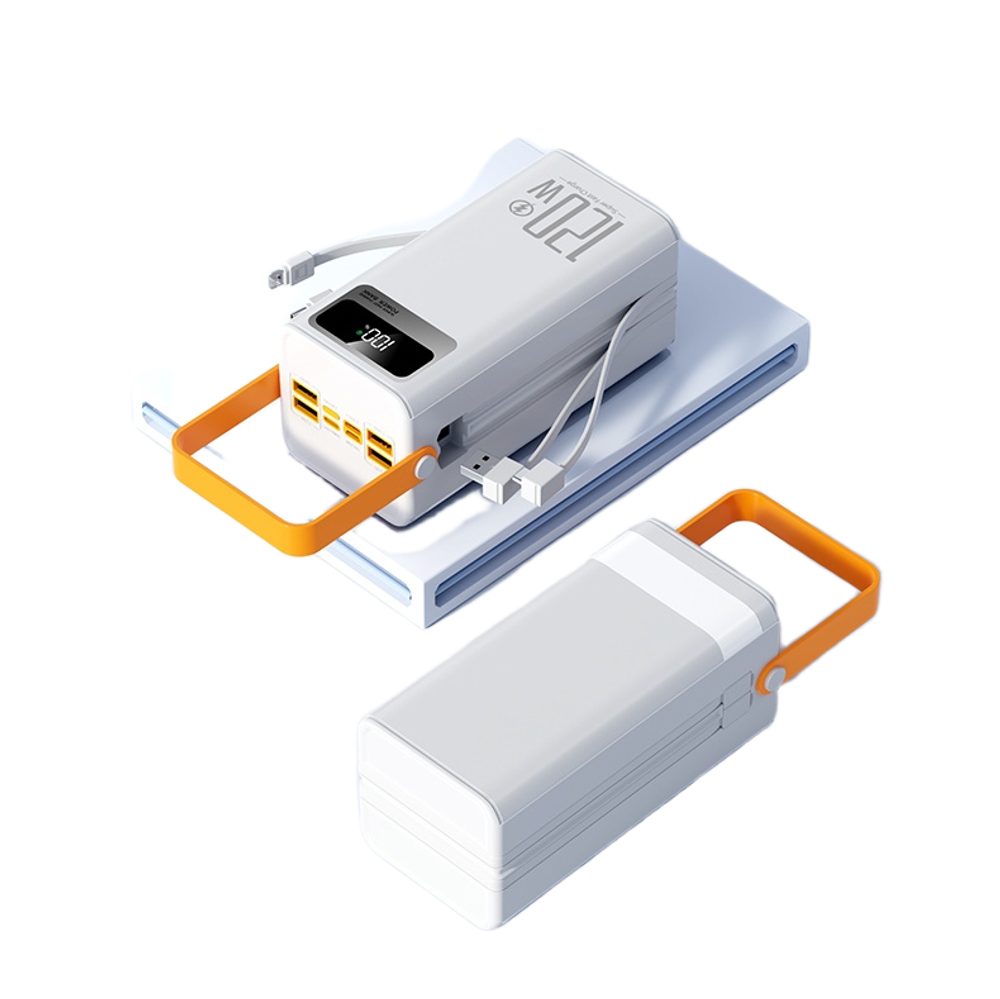Powerbanka 80 000 mAh, 120W PD + QC, 4 USB + 2 kabely, LED světlo, bílá
