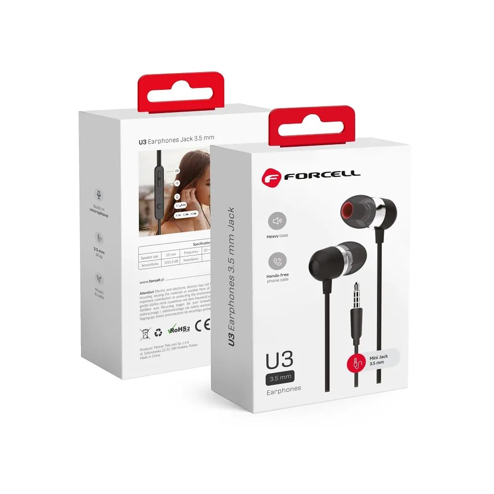 Forcell Slúchadlá Premium Sound U3, Mini Jack 3,5 Mm, čierna