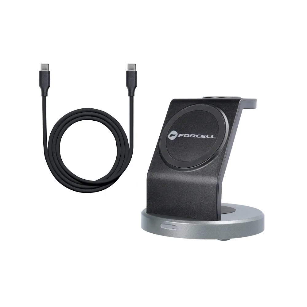 Forcell Bezdrôtová Nabíjačka 3v1 Qi, 15W, Solid Mag Charger Kompatibilná S MagSafe, čierna