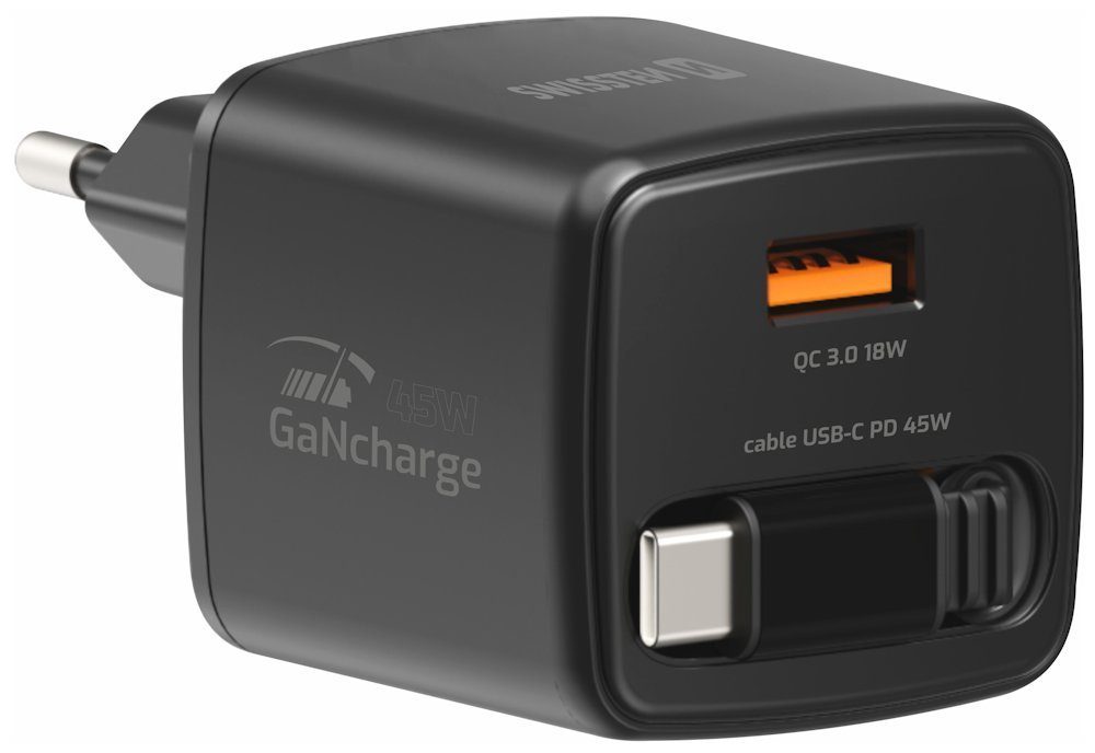 Swissten SlideCharge adaptor cu cablu USB-C retractabil GaN 45W, 1x USB-A 18W, negru