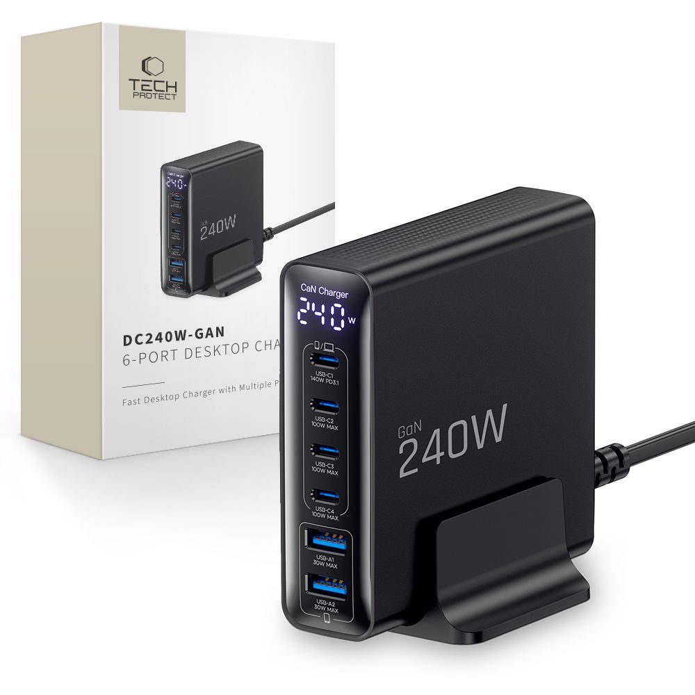 Levně Tech-Protect DC240W-GAN 6-portová nabíječka PD 240 W / QC3.0, černá