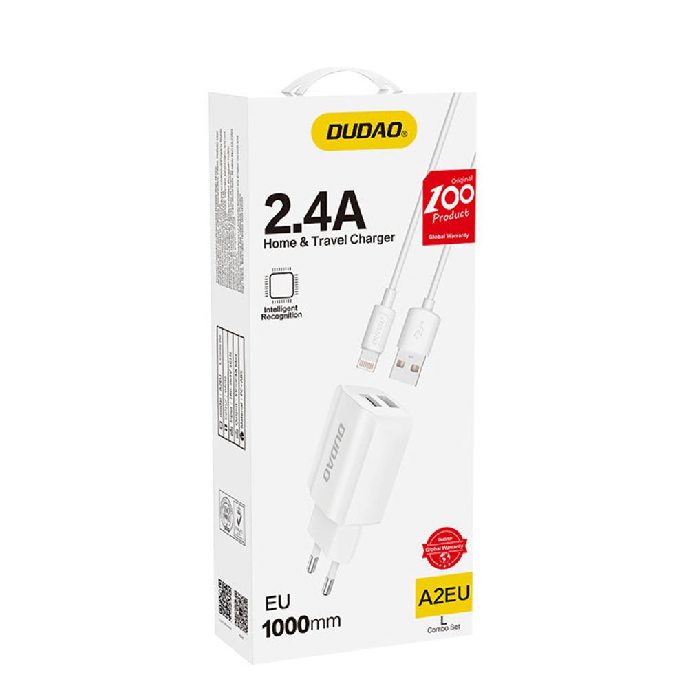 Dudao Töltő, 2x USB 5V / 2,4 A + Lightning Kábel, Fehér (A2EU + Lightning, Fehér)