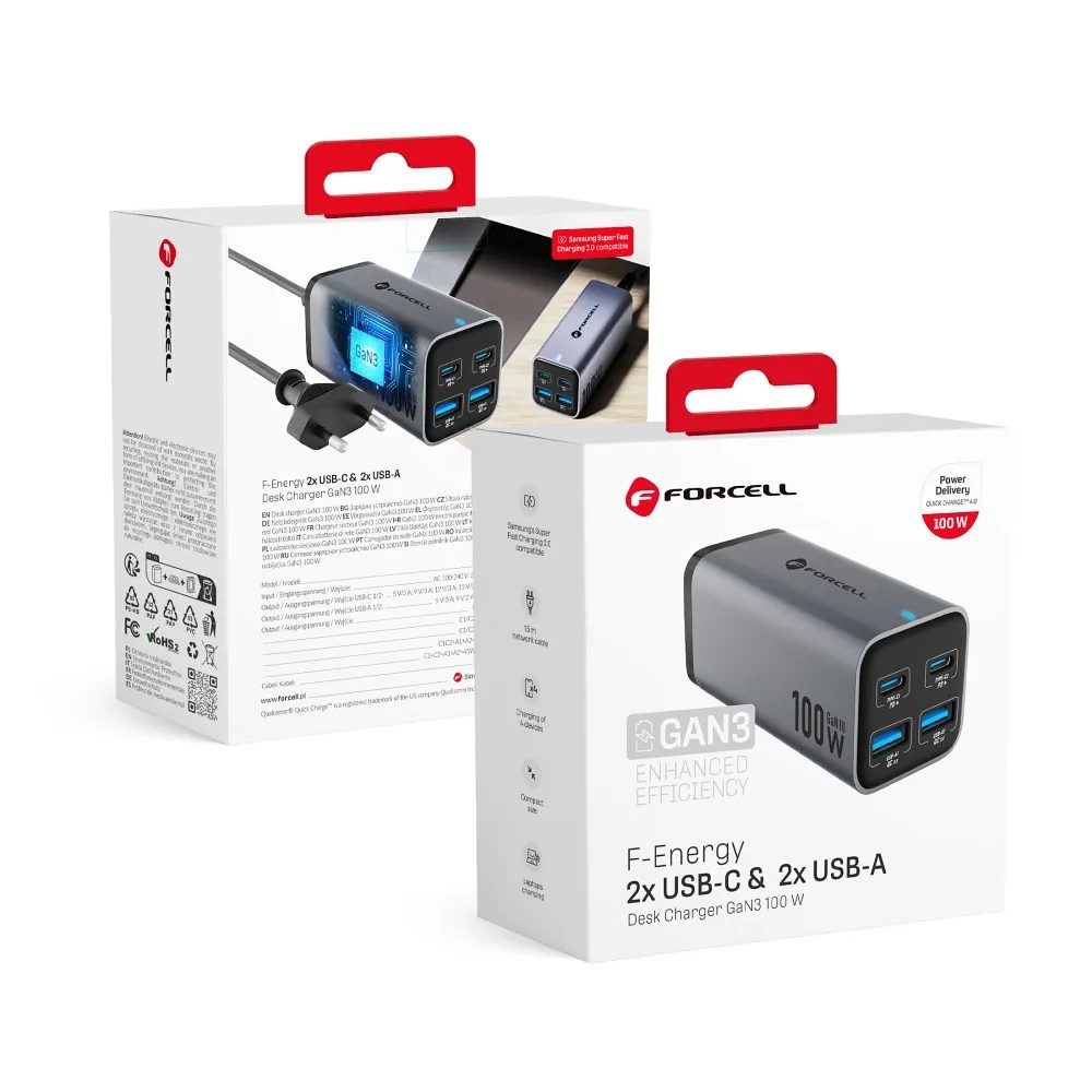 Forcell asztali töltő 2x USB-C, 2x USB-A, 100W, szürke
