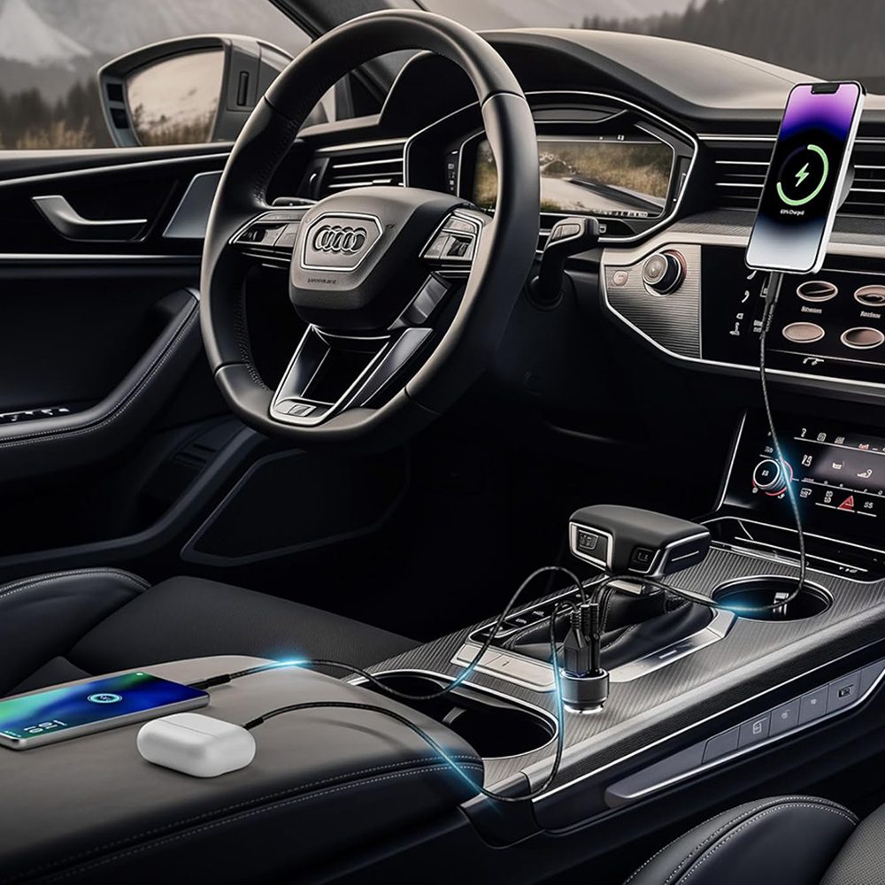 Techsuit autonabíjačka (C6), USB + 2× USB-C, 60W, strieborná