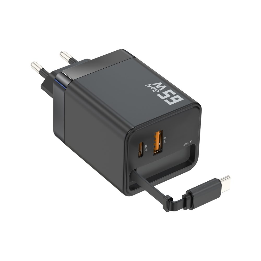 65W GaN nabíjačka s USB-A a USB-C, výsuvným káblom USB-C a rýchlym nabíjaním, QC3.0, PD 3.0, čierna