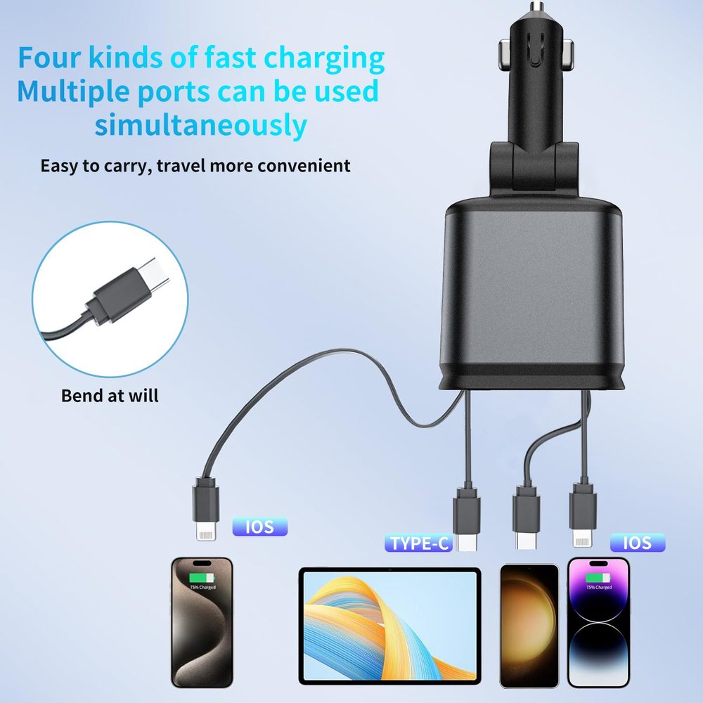 Nabíjačka do auta 4v1 s 2 výsuvnými káblami USB-C + Lightning, PD, QC 3.0, sivá