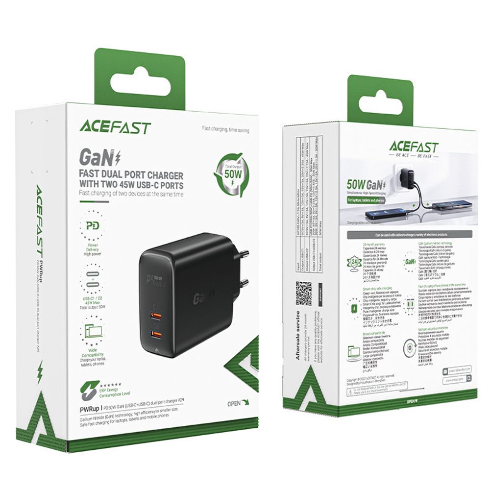 Acefast Kétportos Töltő A29 PD50W GaN (USB-C + USB-C), Fekete (A29 Fekete)