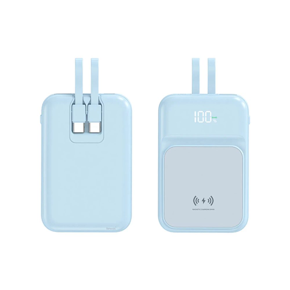 Vezeték nélküli Powerbank 2 beépített kábellel, 10000mAh, USB-C + Lightning, 15W, kék