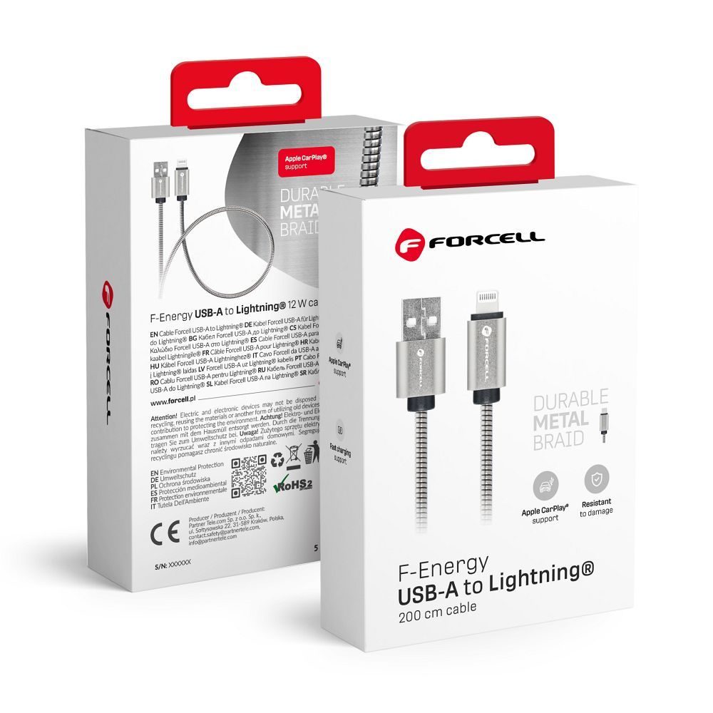 Forcell F-Energy kábel USB A - Lightning, 2,4A, 12W, 2 m, strieborný