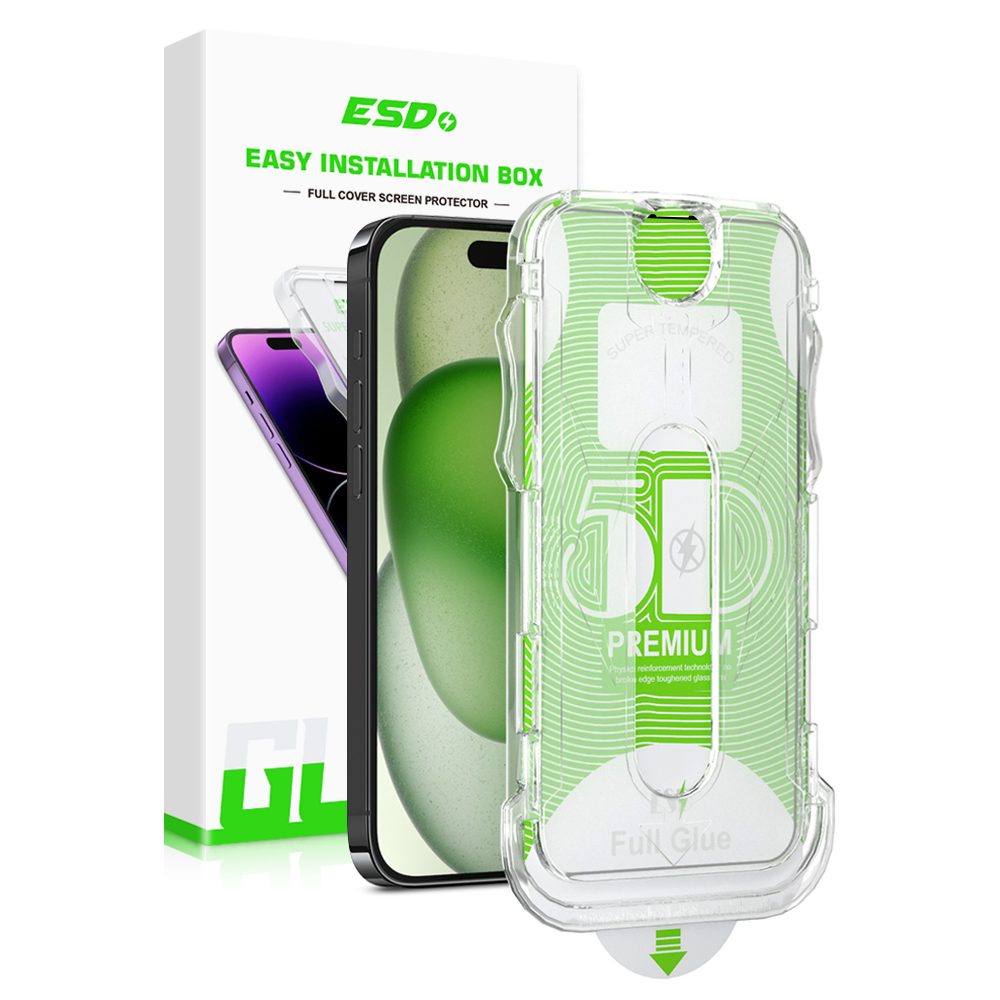 ESD 5D Celozaslonsko Kaljeno Steklo Z Odstranjevalcem Prahu In Enostavno Namestitvijo, IPhone 15 Plus