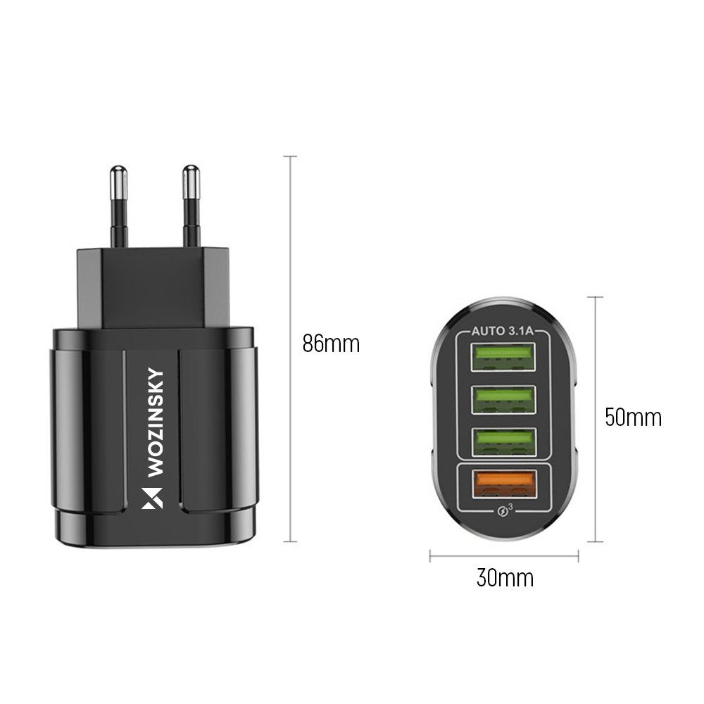 Wozinsky WWCUAB Nabíjačka 48W, 4x USB-A, QC, čierna