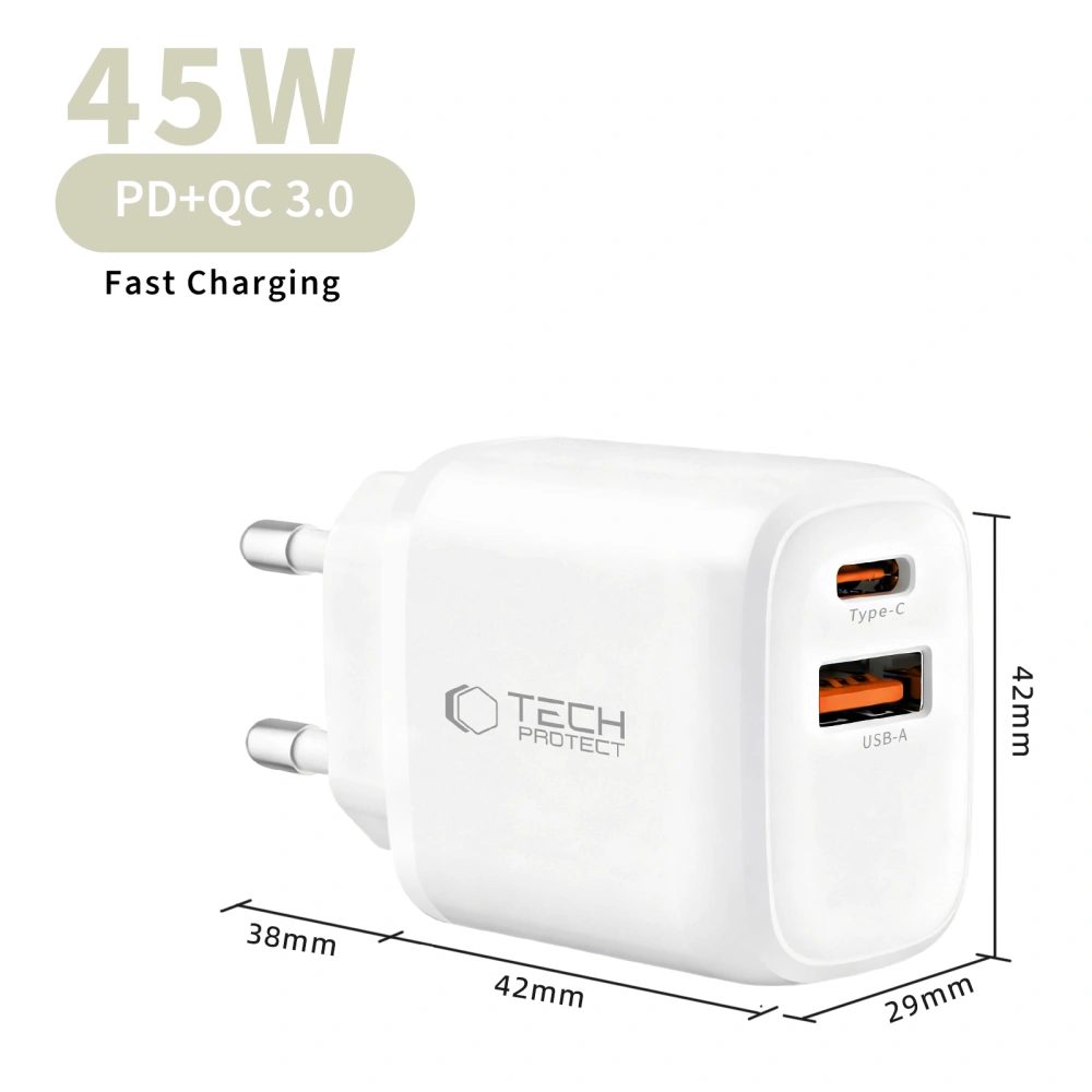 Tech-Protect NCA45W-GAN 2-portová sieťová nabíjačka PD45W / QC 3.0, biela