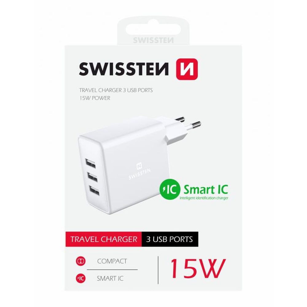 Swissten Sieťový Adaptér, 3x USB, 3A, 15W, Biely