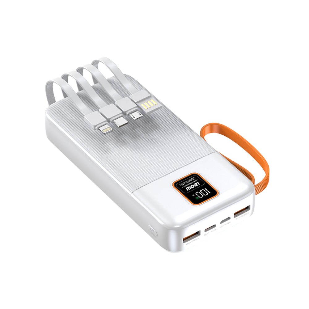 Levně Powerbanka 20000mAh se 4 vestavěnými kabely, 2x USB-A, 1x USB-C, PD 22,5W, QC 3.0, LED displej, bílá