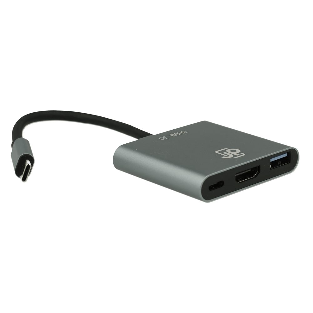 JP Hub 3v1, USB-C na USB 3.0 / HDMI / USB-C PD, sivý