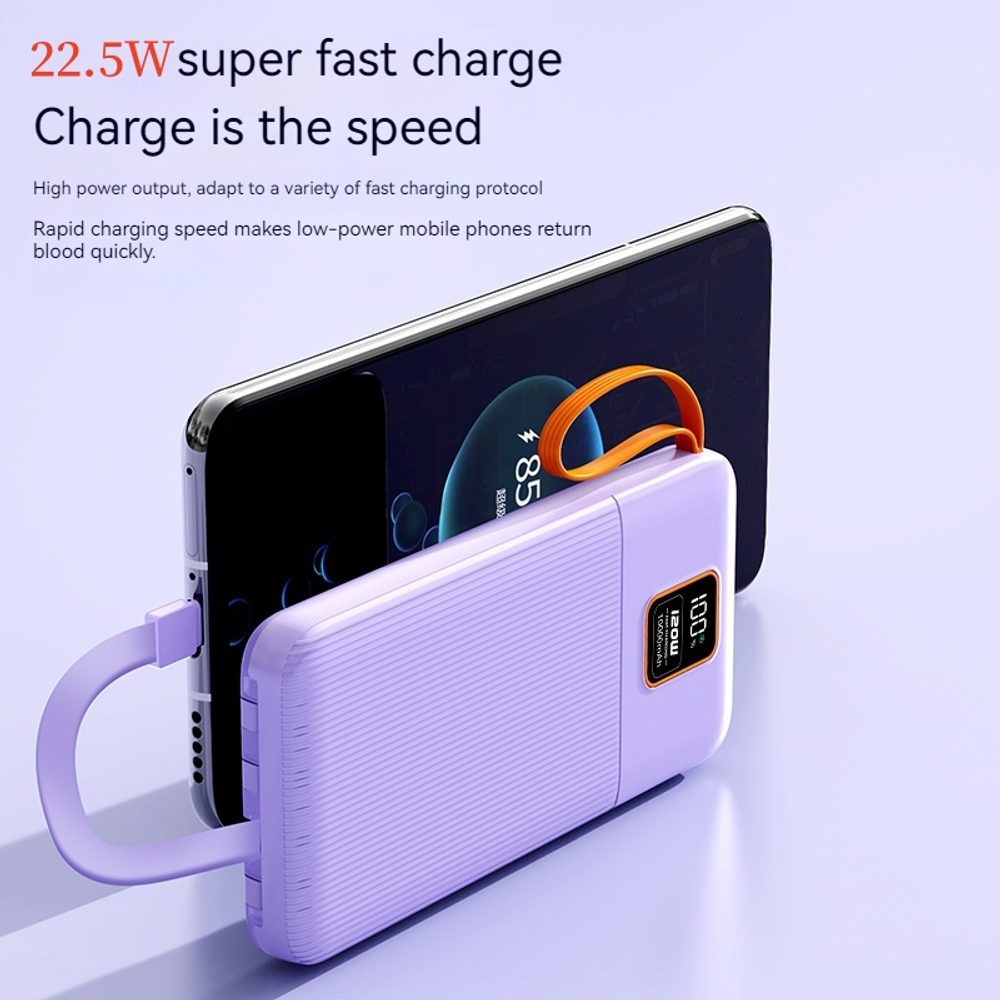 Powerbanka 20000mAh so 4 vstavanými káblami, 2x USB-A, 1x USB-C, PD 22,5 W, QC 3.0, LED displej, fialová